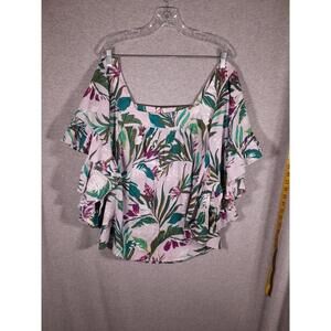 Terra Sky Blouse Women 2X 20W-22W Square Neck Resort Tropical Colorful Botanical